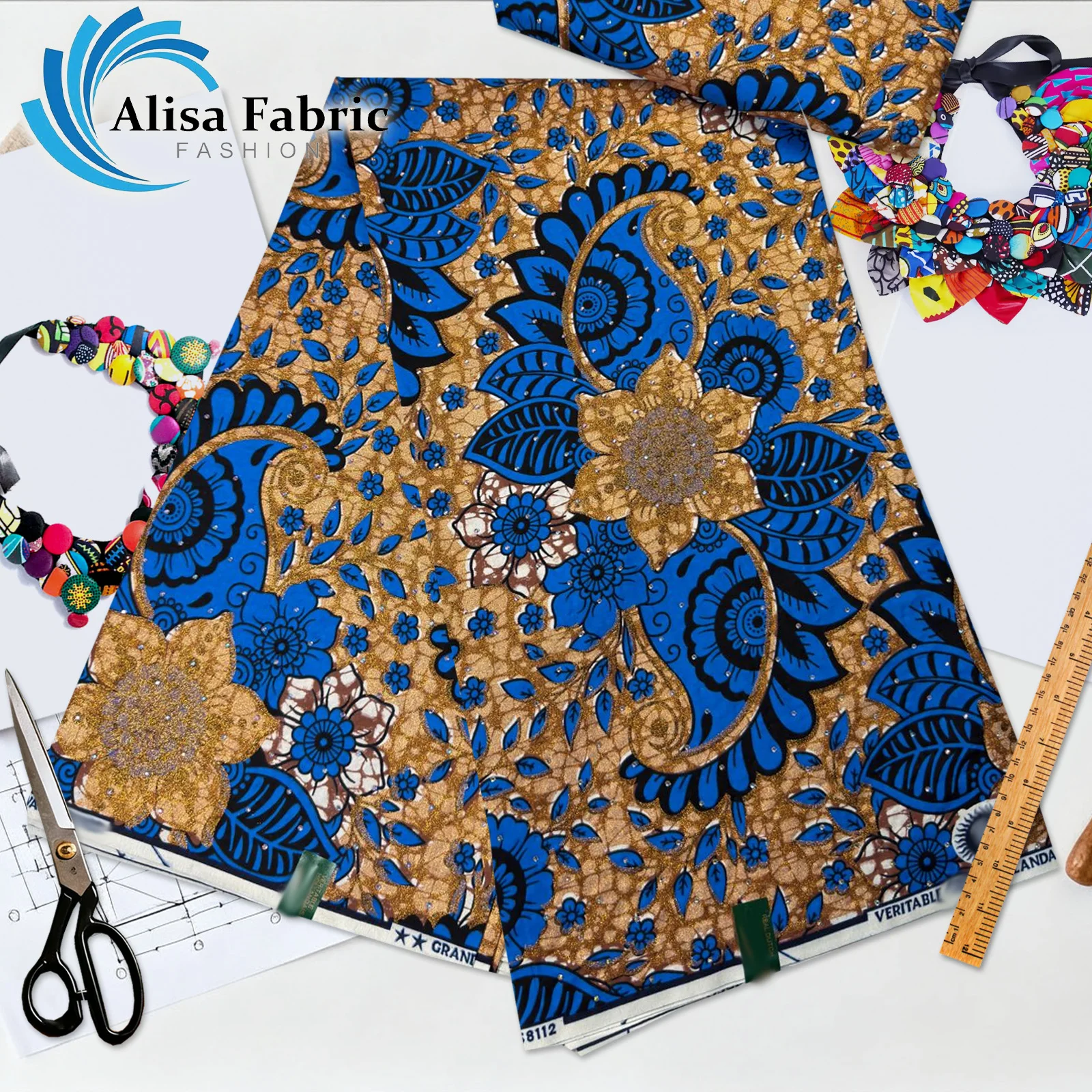 

New arrivals Hot drilling grand super African wax cloth fabric with stones 6 yards 100% cotton for wedding dresses, Royal Blue