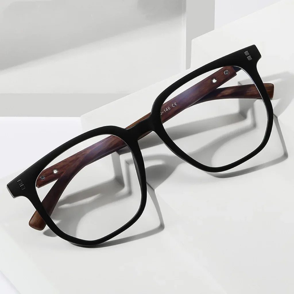 0 ~ -600 TR90 Neutrale Myopie-Brille, Holzmaserung, Metallrahmen, Anti-Blaulicht, bequeme Nasenpads, langlebige Myopie-Brille mit Scharnier – Detail 1