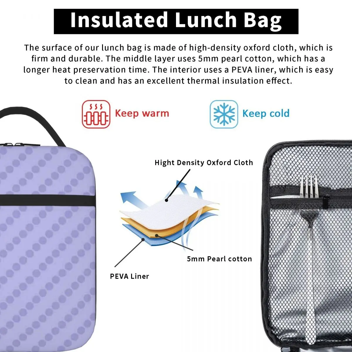 Bestselling Pastel Lilac Polka Dots(CL) Industrial Style Lunch Bag Gym Post-Workout Food Storage Bag view 5