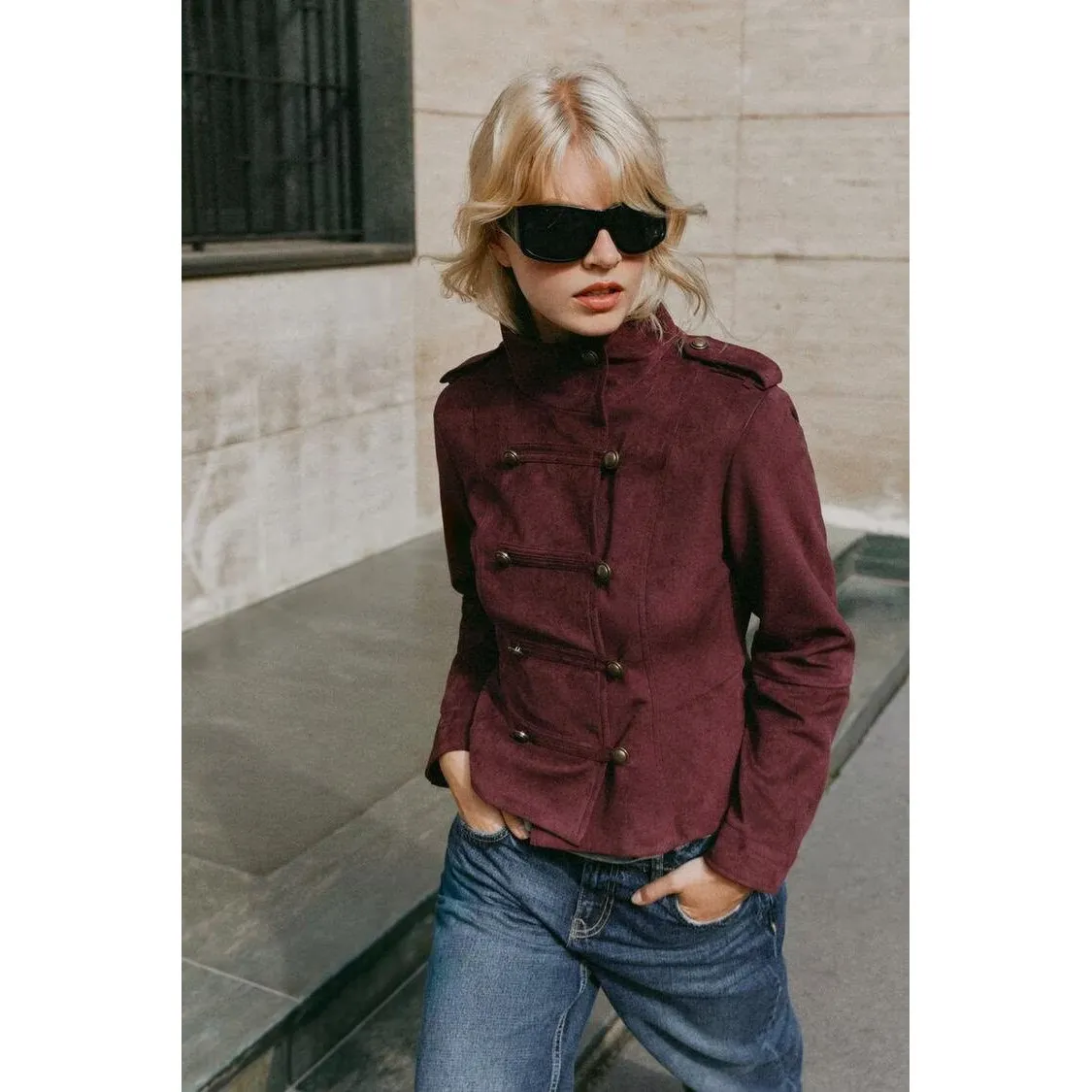 Fashionable Women's Biker Jacket Faux Suede Reverse Zipper Effect Standard Fit Long Sleeve Short Coat Double Button Closure