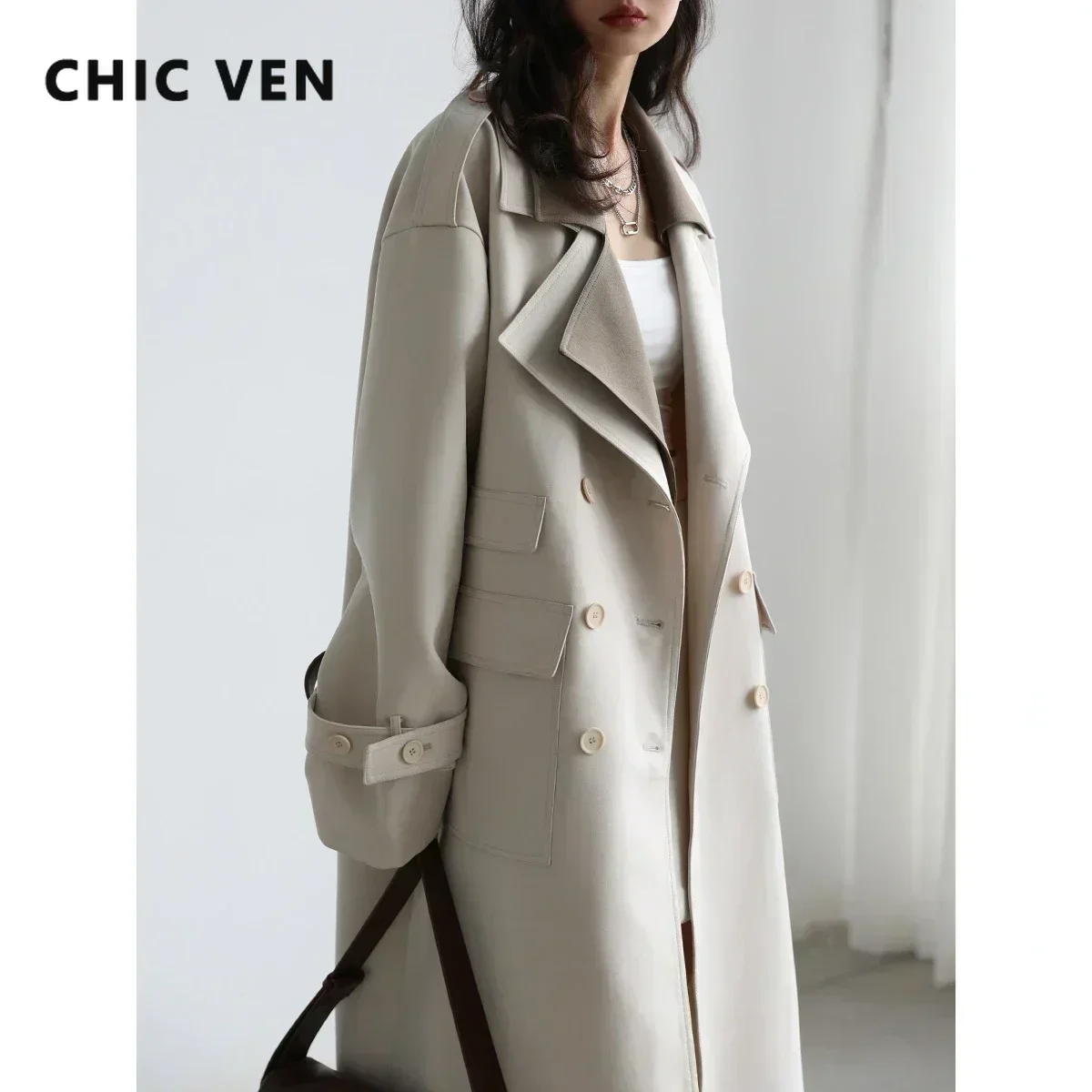 CHIC VEN Women Trench Coat Solid Loose Contrast Double Collar Double Breasted Long Women\'s Windbreaker Office Lady Spring Autumn