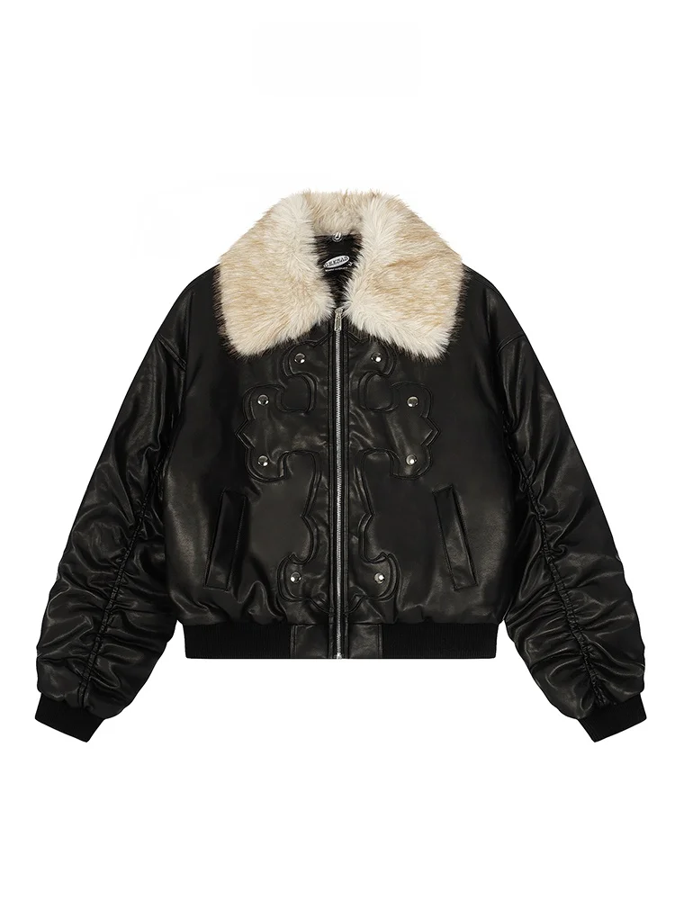 

Free Center American Sle Rivet Design Jaet Thiened Cotton Inner Warm Coat for Couples Men Women Crossbody Fur Collar