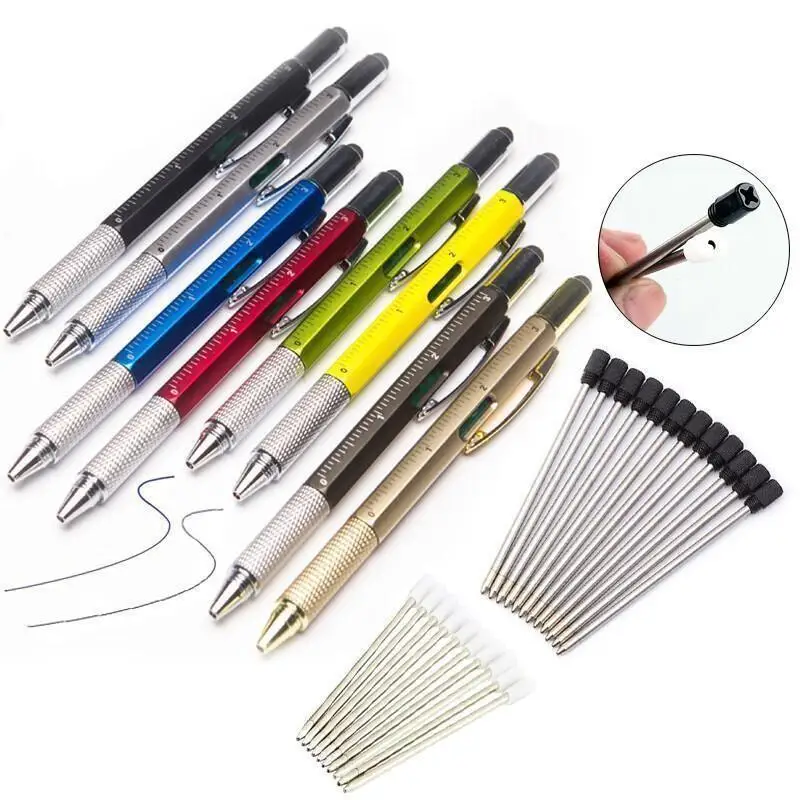 7 In1 Multifunction Ballpoint Pen with Ruler Screwdriver Stylus Spirit Level Portable Handheld Tool for Engineer Student Gift