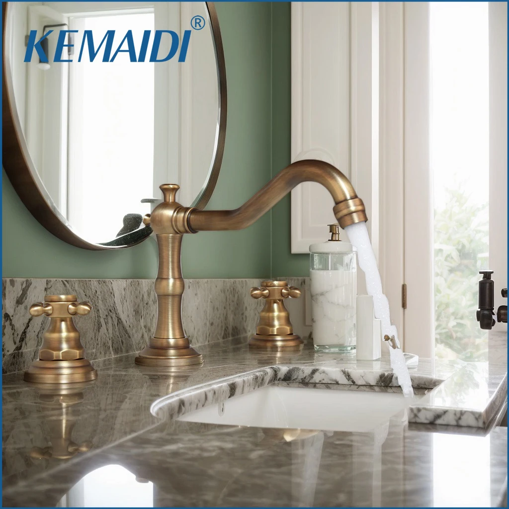 

KEMAIDI Antique Brass Bathroom Faucets 8 Inch Brass Widespread Bathroom Sink Faucet 3 Holes Two Handles Sink Faucets Mixer Tap