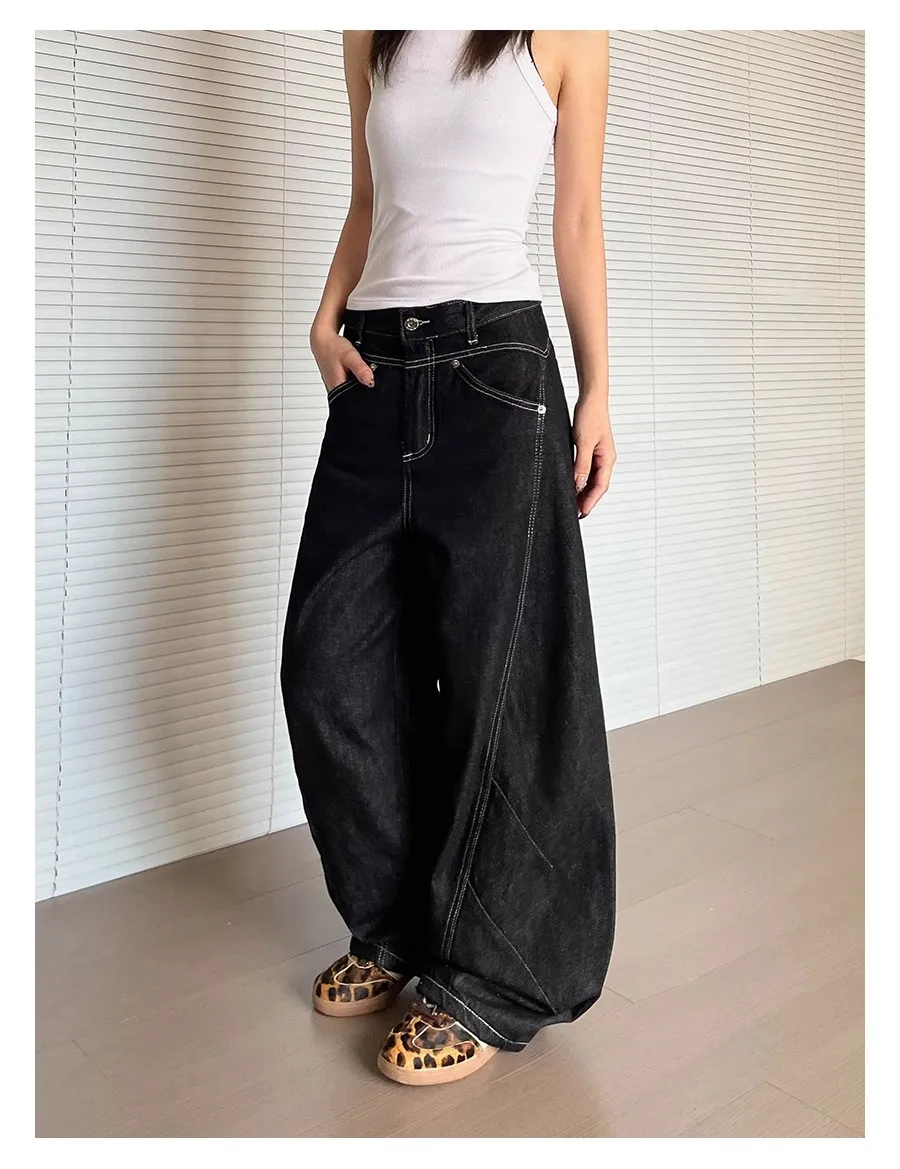 

Women's Black Open-Line Spliced Jeans 2000s Retro Loose High Street American Y2k Office Lady Wide-Leg Pants Summer Trousers Ins