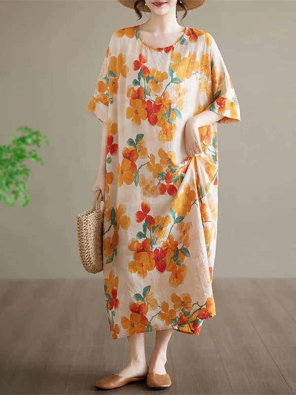 

Summer Thin Cotton Linen Print round Neck Short Sleeve Knee-Length Dress Loose Fit plus Size Women's Dress Slimming Effect