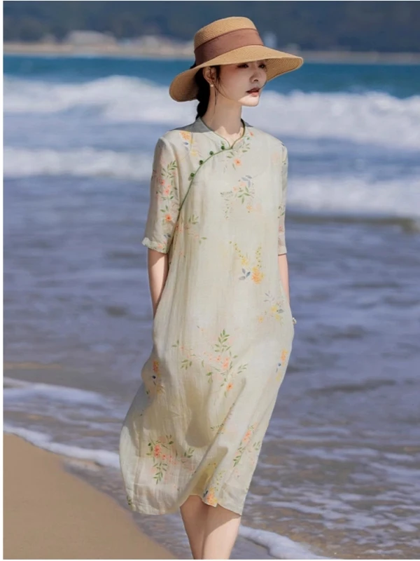 Elegancka damska bawełniana sukienka z nadrukiem, stójką, zapinana na guziki, w stylu modyfikowanego qipao, nowa letnia, do pracy, miękka, średniej długości, długa spódnica.