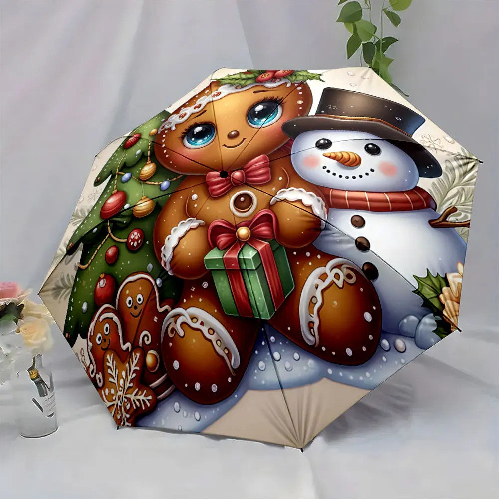 Cute Gingerbread and Snowman Christmas Tree Scene portable waterproof sun rain umbrella for outdoor travel beach