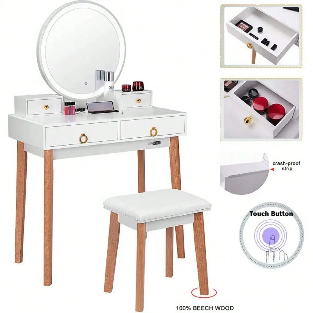 Vanity Set Makeup Table w/ 3-Color Touch Screen Dimmable Lighted Mirror 4 Drawer