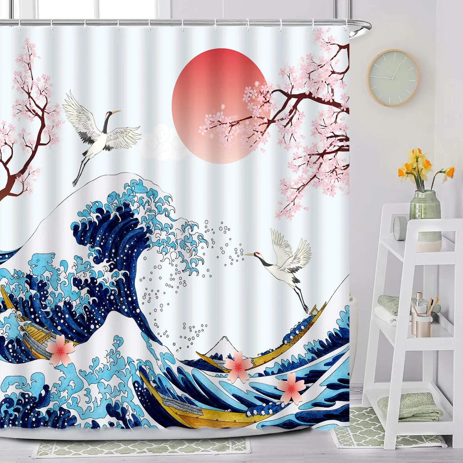 Japanese Shower Curtain, Sea Waves Cherry Blossom Red Sun Anime Kimono Woman Mount Fuji Landscape Ink Crane Bird Bathroom Decor