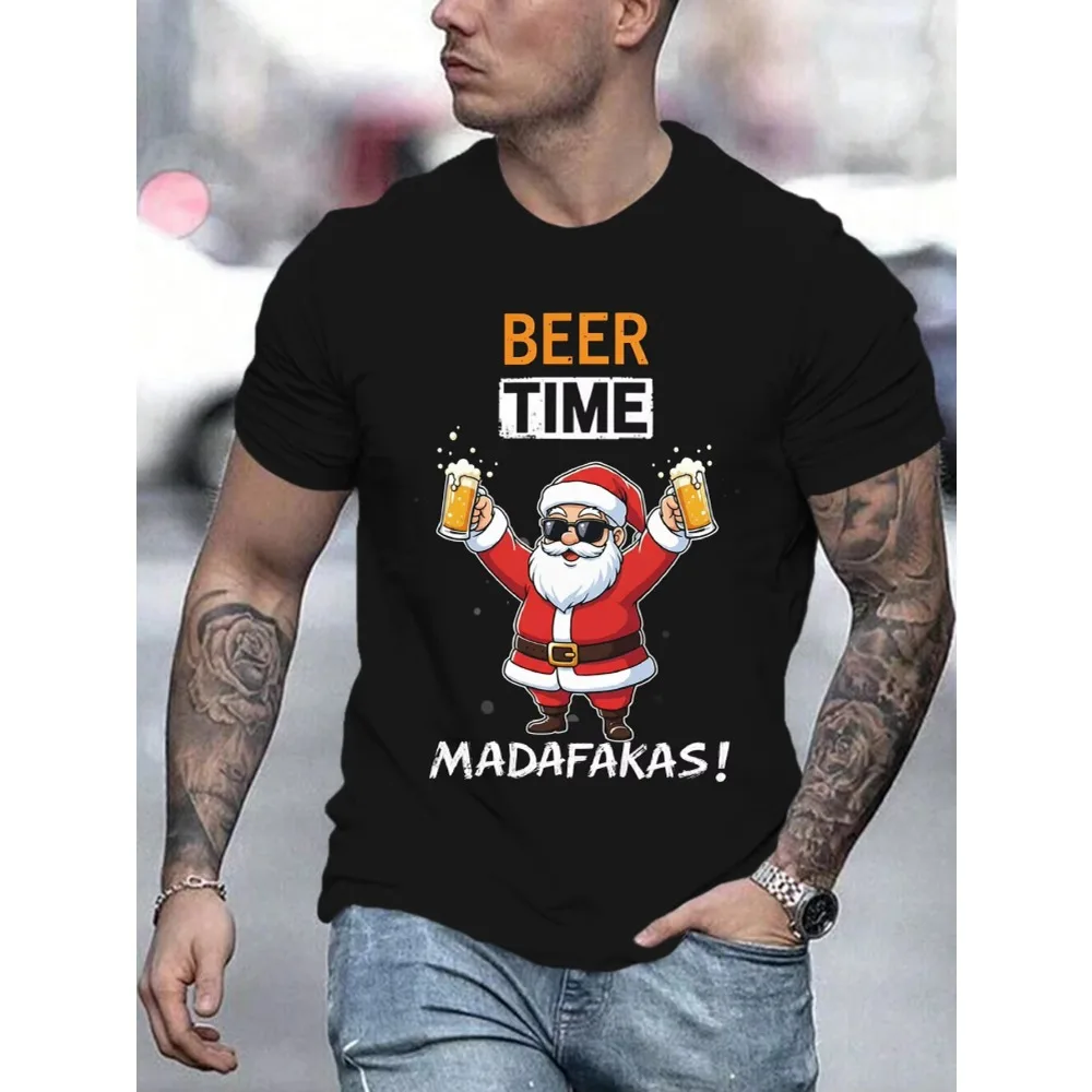 Camiseta navideña con estampado de hora de la cerveza de Papá Noel para hombre, camisetas informales ligeramente elásticas de manga corta con cuello redondo, ropa para exteriores suave