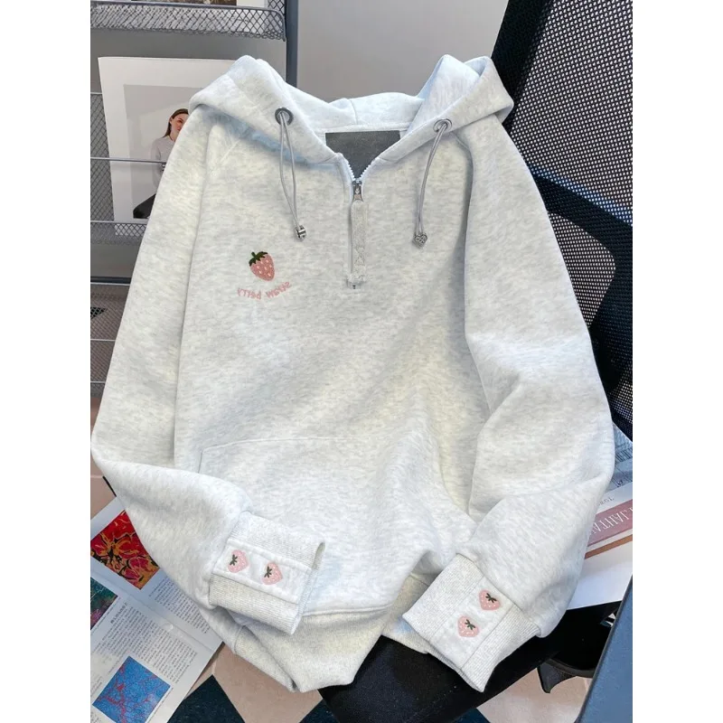 

Beautiful Embroidery Half Zipper Hoodie For Women Sweet Casual Loose Hooded Sweatshirt Top Female 2024 Spring Autumn