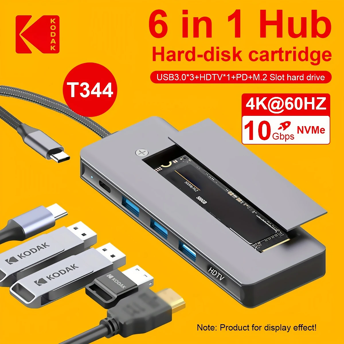 

KODAK USB-C HUB 6-In-1 with 3 Port USB 3.1 Type-C3.0 Charge(PD3.0 100W) HDTV(4K/30HZ)+M.2(NVME1.3)Compatible Devices