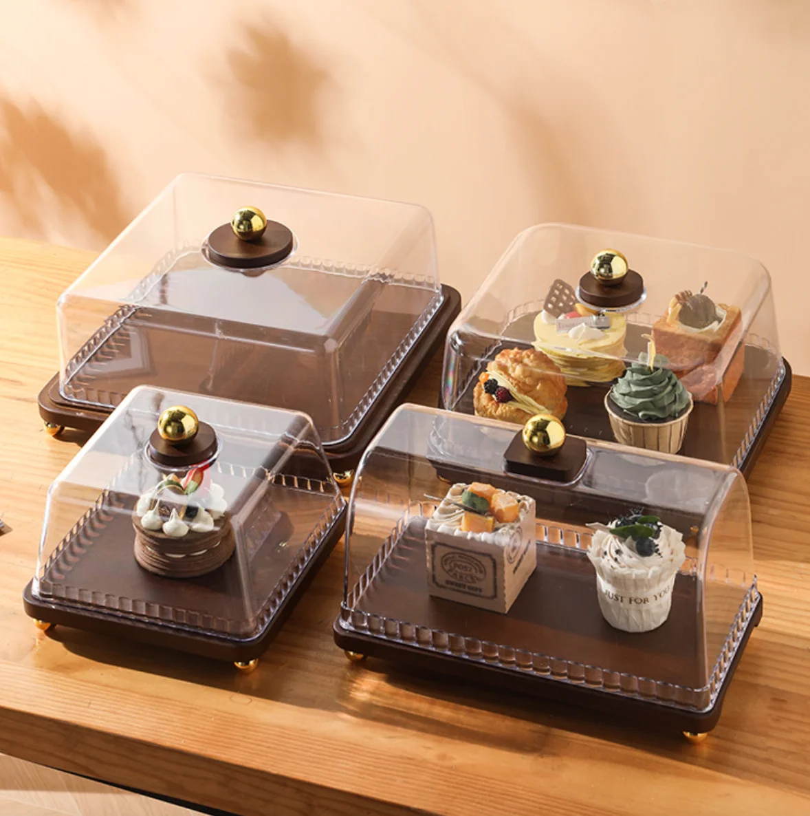 European-Style Wooden Dessert Tray Glass Lid Modern Design Color Enamel Dish Plant Pattern Eco-Friendly Afternoon Tea Wedding