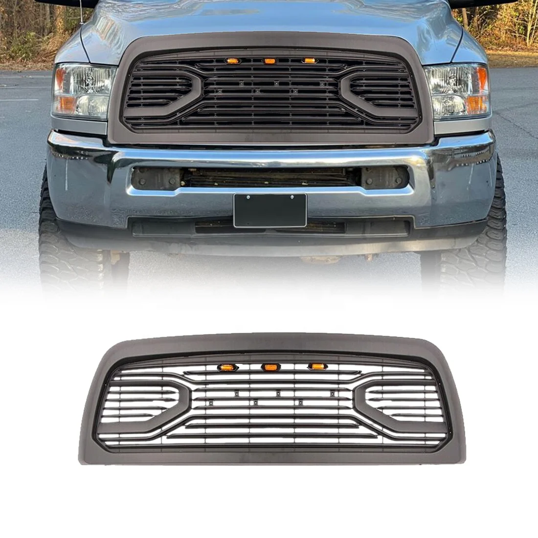 

Custom Car Grills Front Big Horn Style Grille Grill With Amber Lights For 2010-2019 Dodge Ram 2500 3500 Matte Black ABS