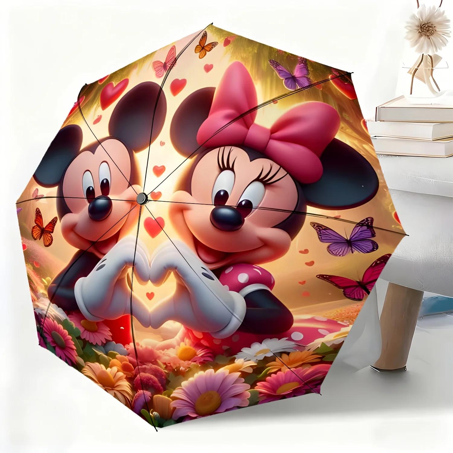 

A Disney Licensed Automatic Umbrella Featuring Mickey And Minnie, Suitable for All Occasions As a Dual-Purpose Sun And Rain Um