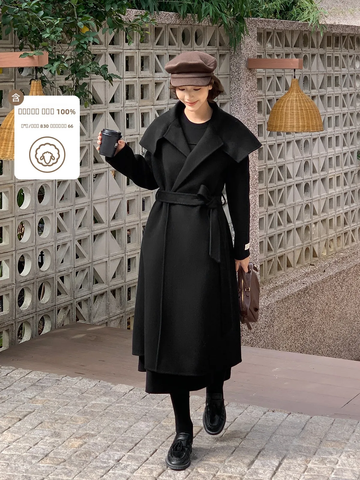 

Faionable Bla 00 Woolen Belted Women's Coat Pear Taeyeon 2025 New Arrival Korean Sle Commute Pure Online Ss