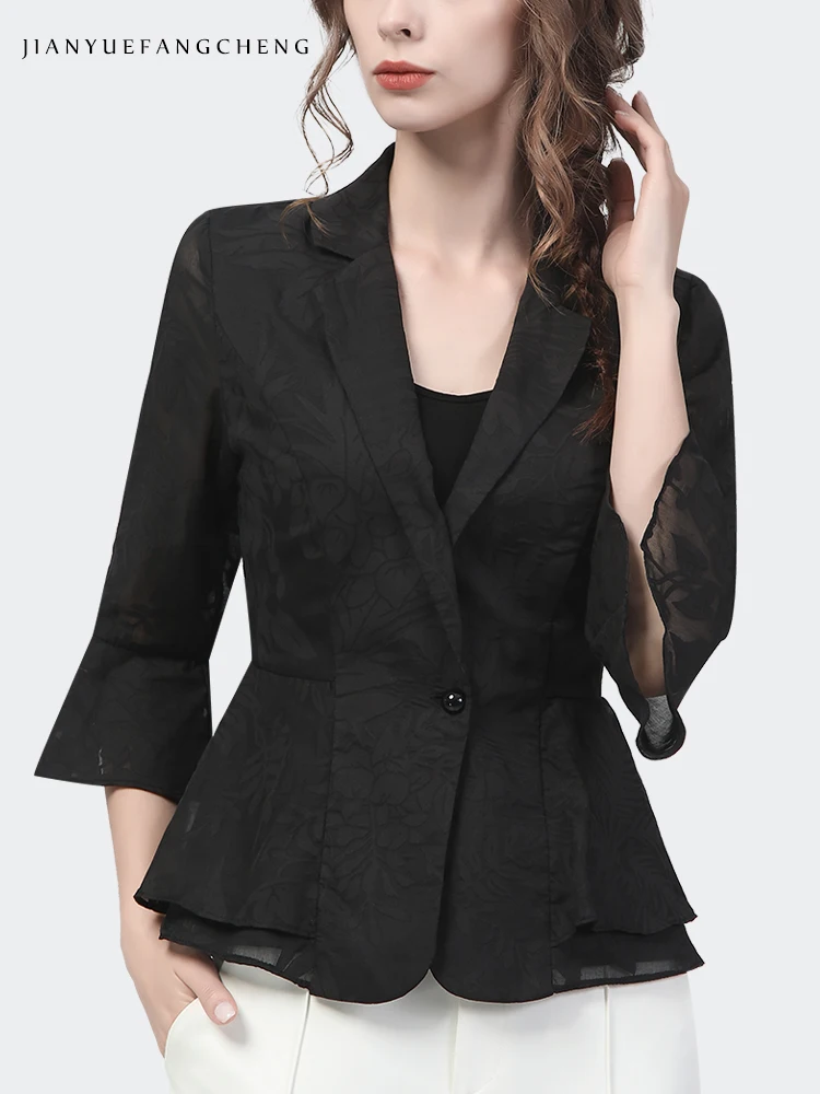 2022 Spring Summer Chiffon Jacquard Women Blazer Elegant Slim Short Thin Coat Single-Button Casual Work Wear Suit Collar Jacket