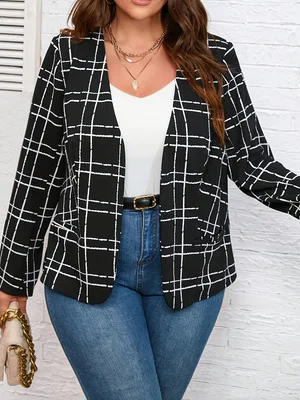Plus size feminino preto branco xadrez frente aberta blazer manga longa casual solto escritório outerwear