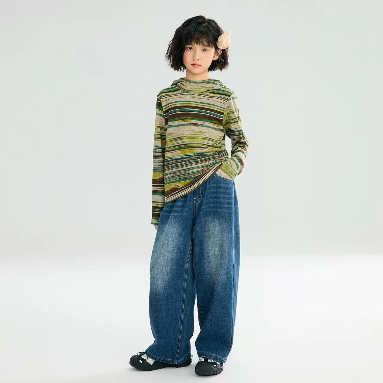Girls' Long Sleeved T-shirt For Autumn And Winter Children's Trendy Korean Style Girls' Striped Hooded Base Shirt Trend