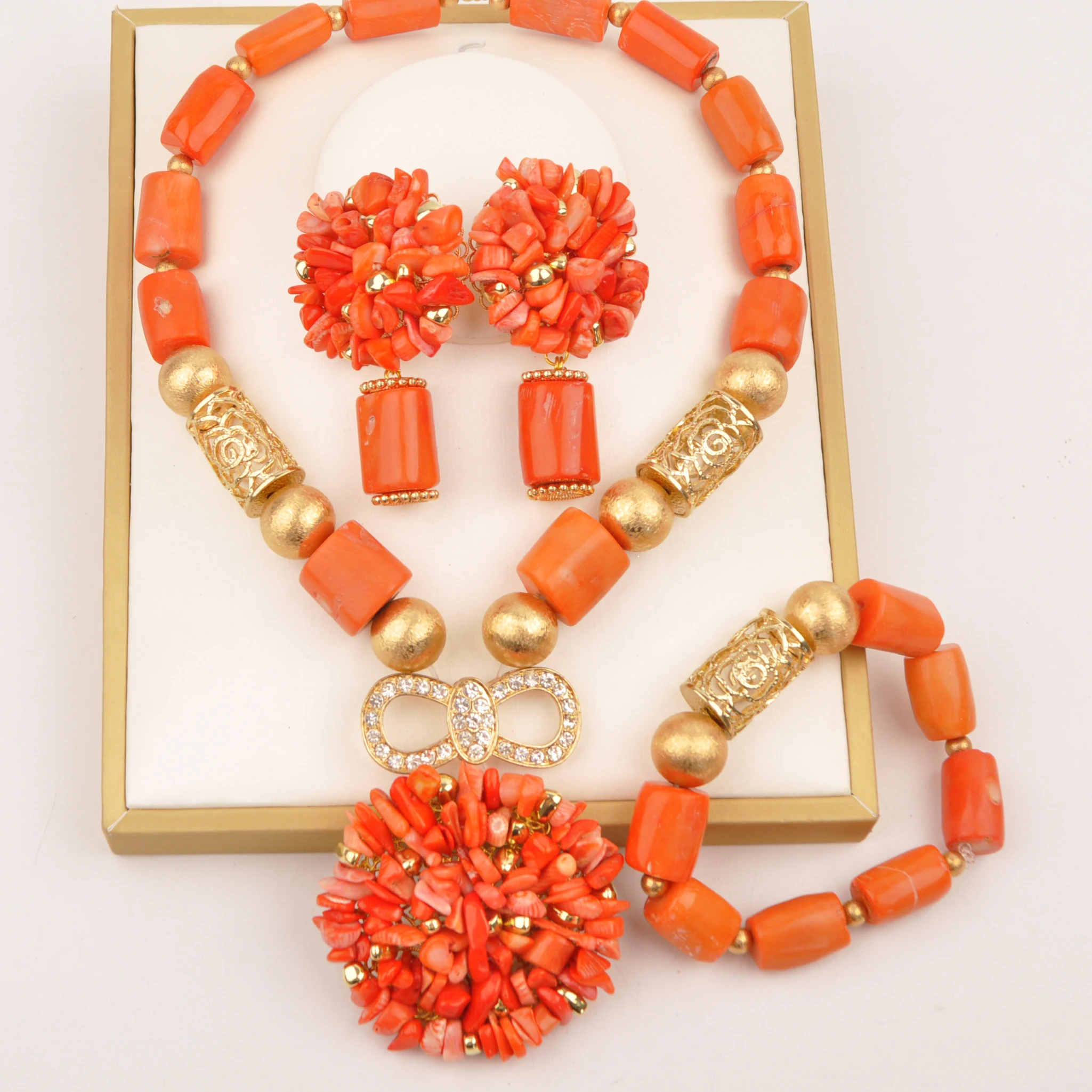 

Nigerian bride jewelry set orange coral beads for african wedding