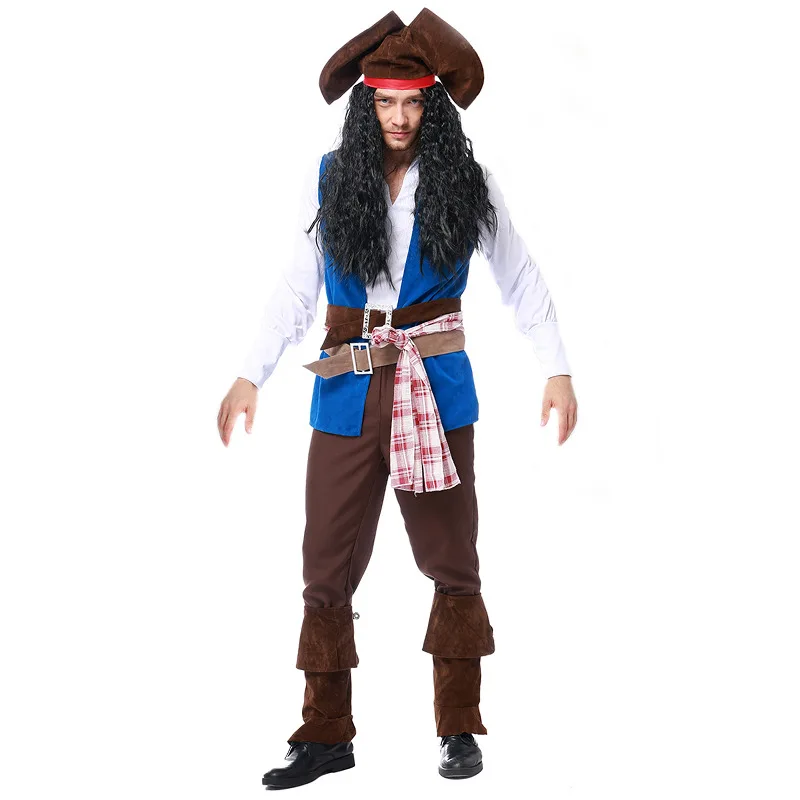 Phertiful Halloween Mens High Seas Pirate Costume 7PCS Captain Jack Sparrow Cosplay Suit Purim Carnival Party Fancy Male Outfits