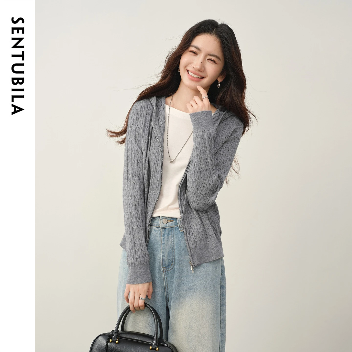 SENTUBILA Women Wool‑Blend Cable‑Knit Cardigan 2026 Autumn Drawstring Hooded Open Front Commuter Knitwear Outerwear W63HK8184