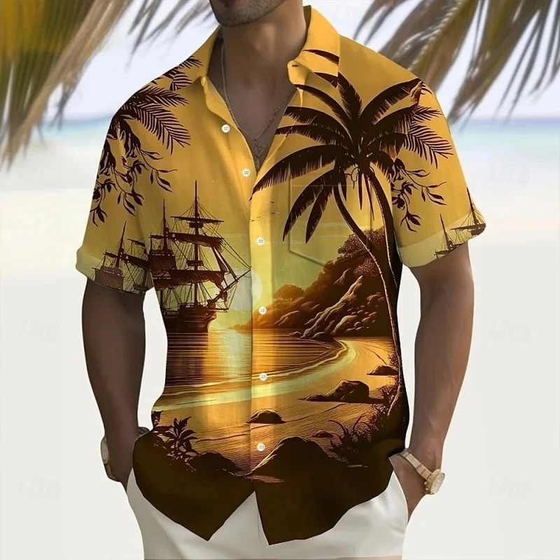 3D Printed Coconut Tree Beach Shirt for Men Bamboo Graphic Blouses Casual Short Sleeve Hawalian Shirts Loose Street Tops
