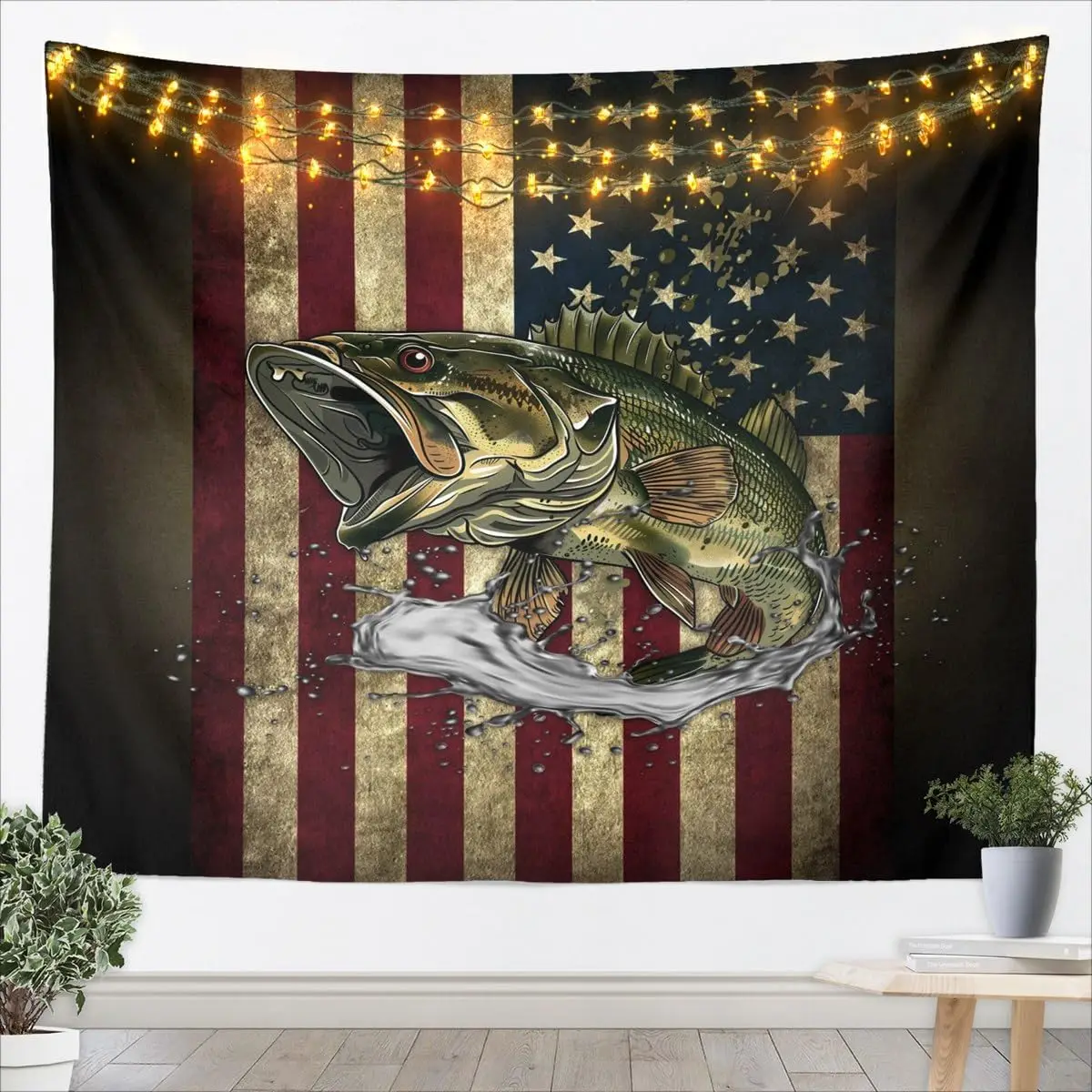 Patriotic American Flag Fishing Tapestry Wall Hanging Decoration for Man Cave Angler Gift Sports Decor USA Bass Polyester Materi