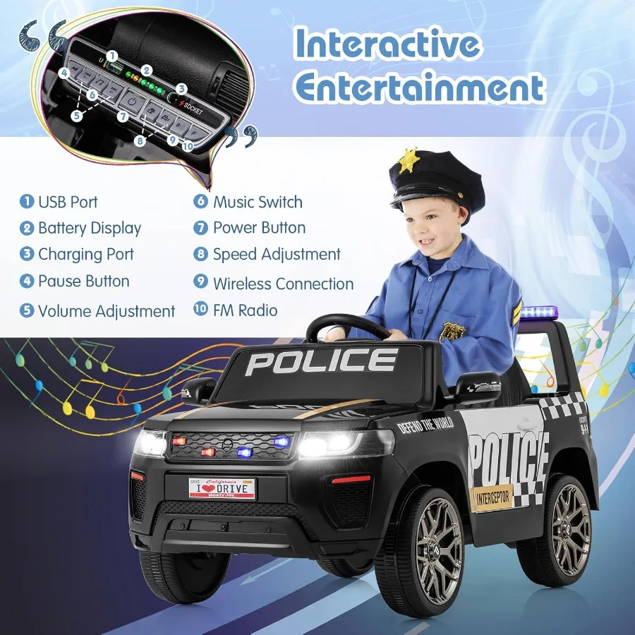 Police Car Ride on 12V Battery Powered Toy Cop Cars w/Remote Control LED Flashing Lights Music Horn Siren Spring Suspension Ele