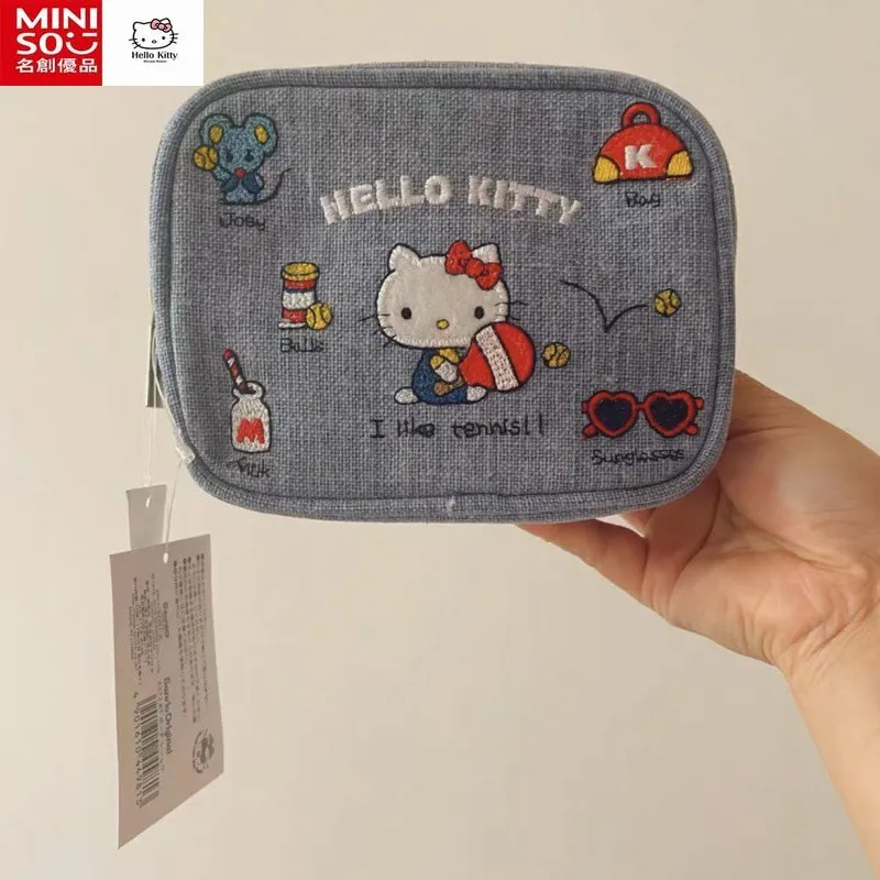 

Miniso холщовый Кошелек для монет Hello Kitty, женская косметичка, портативная вместительная милая сумка для хранения с вышивкой