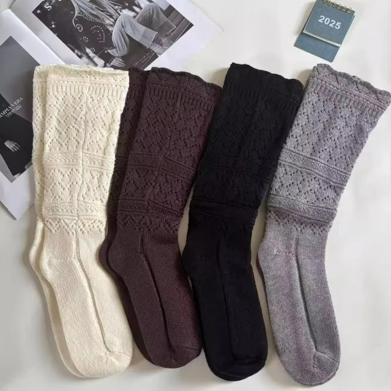 

Retro Hollow Knitted Socks for Women Autumn and Winter Soft Warm Long Tube Socks Solid Color Winter Stockings Boots Socks