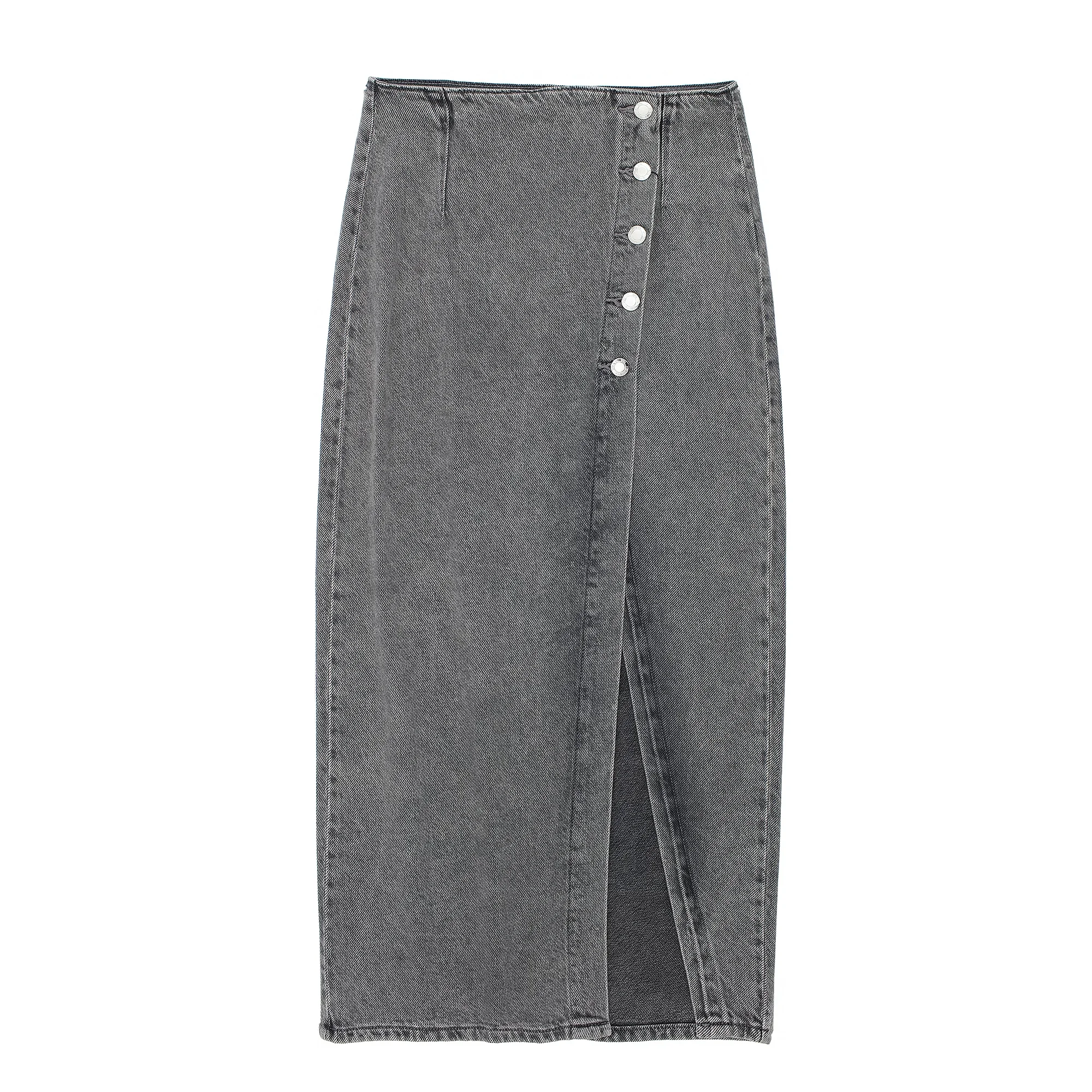 Tangada 2024 New Women Gray Denim Midi Skirt Buttons Vintage Ladies Chic Sexy Skirts 3H0164