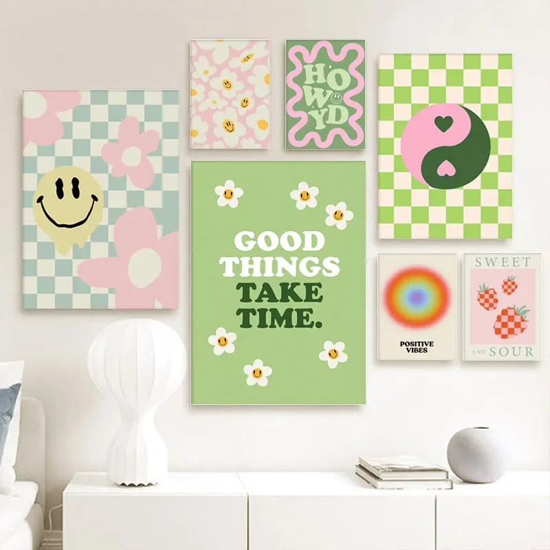 1PC frameless decorative art print,Colorful Danish Pastel Canvas Painting Aesthetic Poster Cherry Plaid Smiley Flower Butterfly - view 3