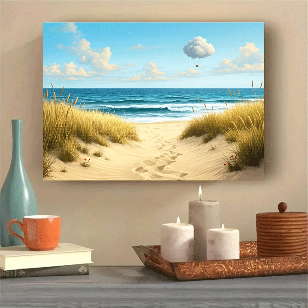 1PC-Unframed Canvas poster wall decoration  Beach Scene With Ocean Waves Sand Dunes And Sky Clouds