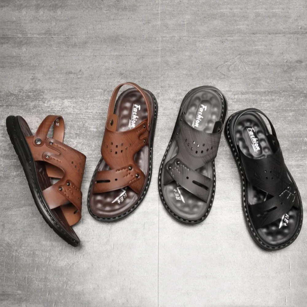 

Latex Insoles Thick Soled Slippers Anti Slip Anti Odor Slides Sandals Men PU Leather Beachwear Ankle Buckles Slippers Home