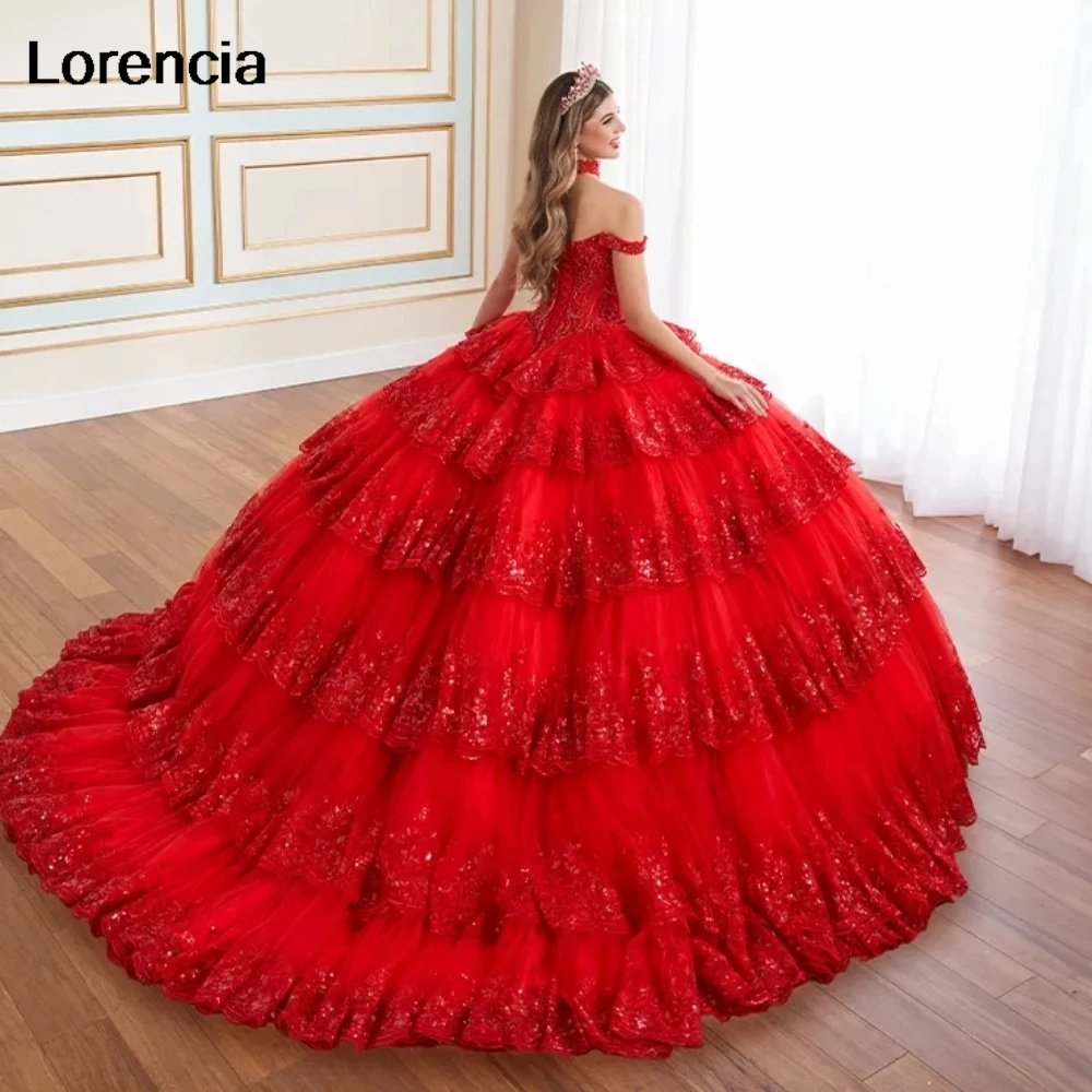 Lorencia-vestido De quinceañera rojo brillante, vestido De baile, lentejuelas escalonadas, apliques De cuentas, corsé dulce 16, 15 Años, YQD995