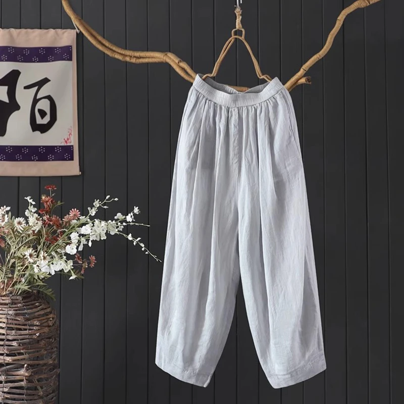 100% Ramee Vrouwen Casual Harembroek Nieuwe Collectie 2025 Zomer Vintage Stijl Effen Kleur Losse Vrouwelijke Enkellange Broek M1735