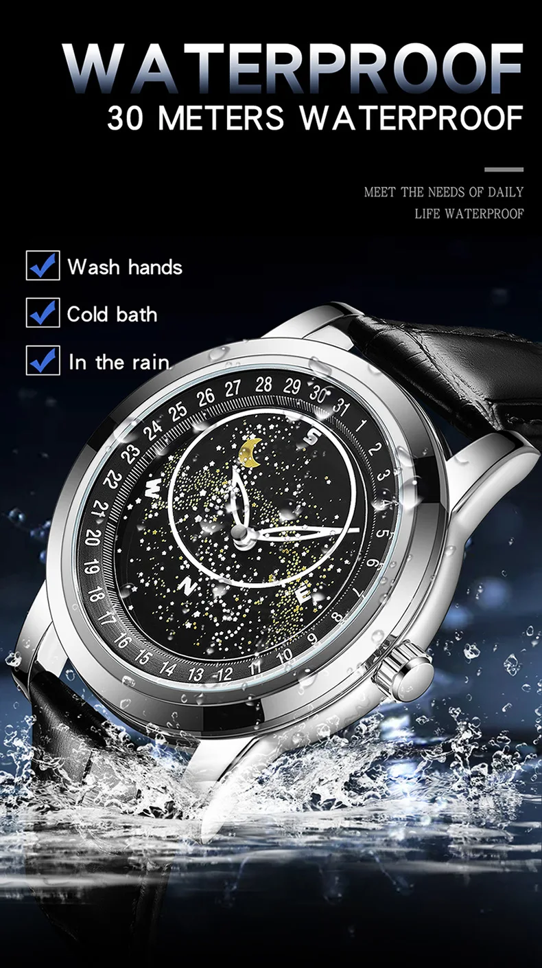 SANDA7002 Reloj de cuarzo para hombre con fase lunar y cielo estrellado, luminoso, resistente al agua, diseño de galaxia, reloj de ocio para negocios a la moda