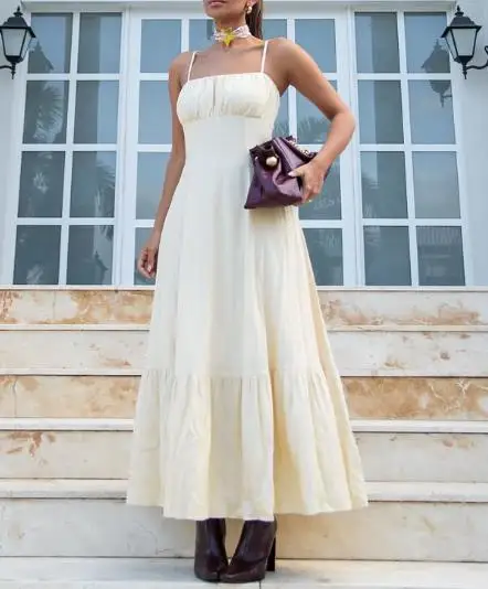 

Solid Color Sleeveless Vest Casual Dress for Summer Women with Square Collar and Waist Cinched A-Line Sleeveless Camisole Dress