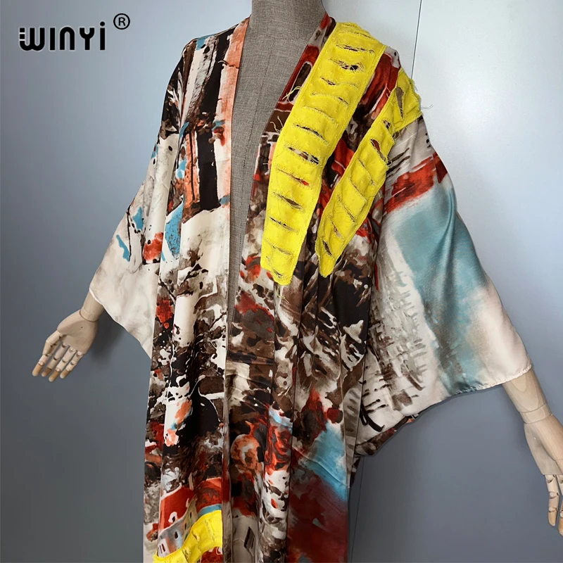 WINYI summer printed Women Cardigan Long Dress elegant Boho loose beach Cover Up Kimonos abaya dubai luxury muslim coat