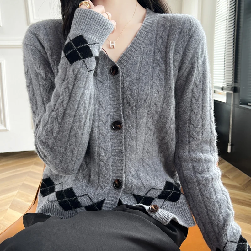 100% Wool Cashmere Cardigan Sweater Women\'s Autumn/Winter V-Neck  Knit Long Sleeve Casual Loose Clothing Korean Fashion Pullover