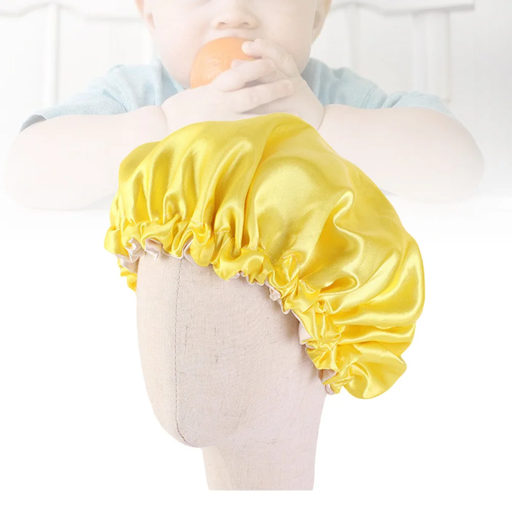 หมวกนอนเด็กสองชั้นสีเหลือง ยางยืด ปรับขนาดได้ ป้องกันผมขณะนอนหลับ ใช้ได้กับการอาบน้ำและล้างหน้า