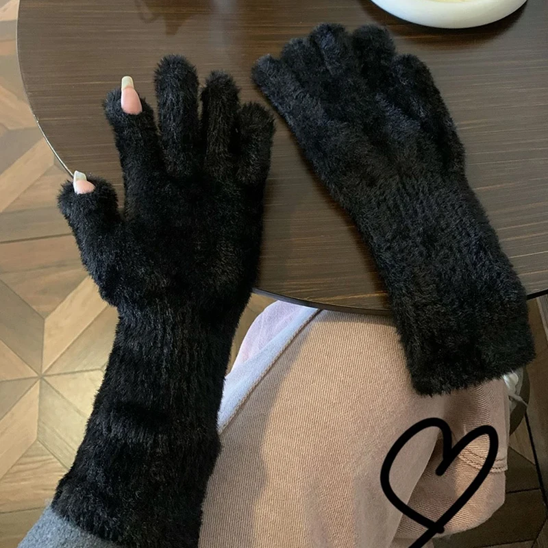 Winter Mink Fur Five Finger Gloves Warm Velvet Plush Cold-proof Mittens Thick Touch Screen Gloves Outdoor Skiing Cycling Glove