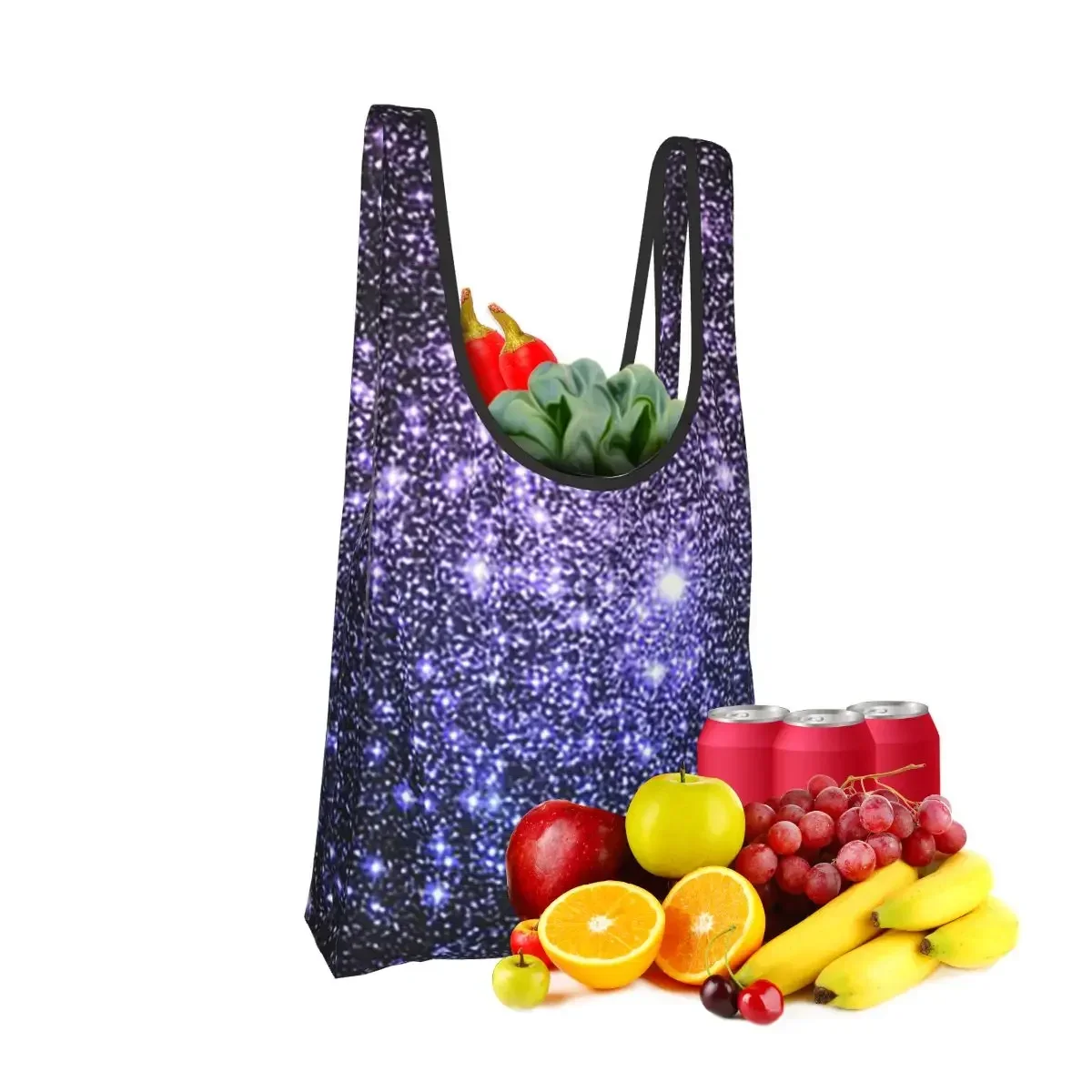 Galaxy Sparkle Stars Lavender Periwinkle Blue Ombre Portable Tote Bags Foldable Shoulder Shopper Bag Grocery Handbag