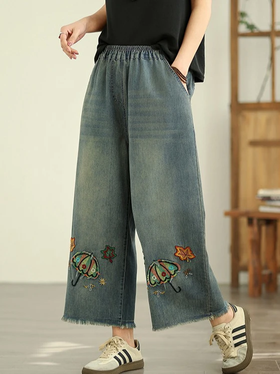 

Джинсы Waed из денима с вышитыми нашивками, на эластичной талии, повседневные брюки с широкими штанинами и подолом, для женщин больших размеров, в художественном стиле, для повседневной носки