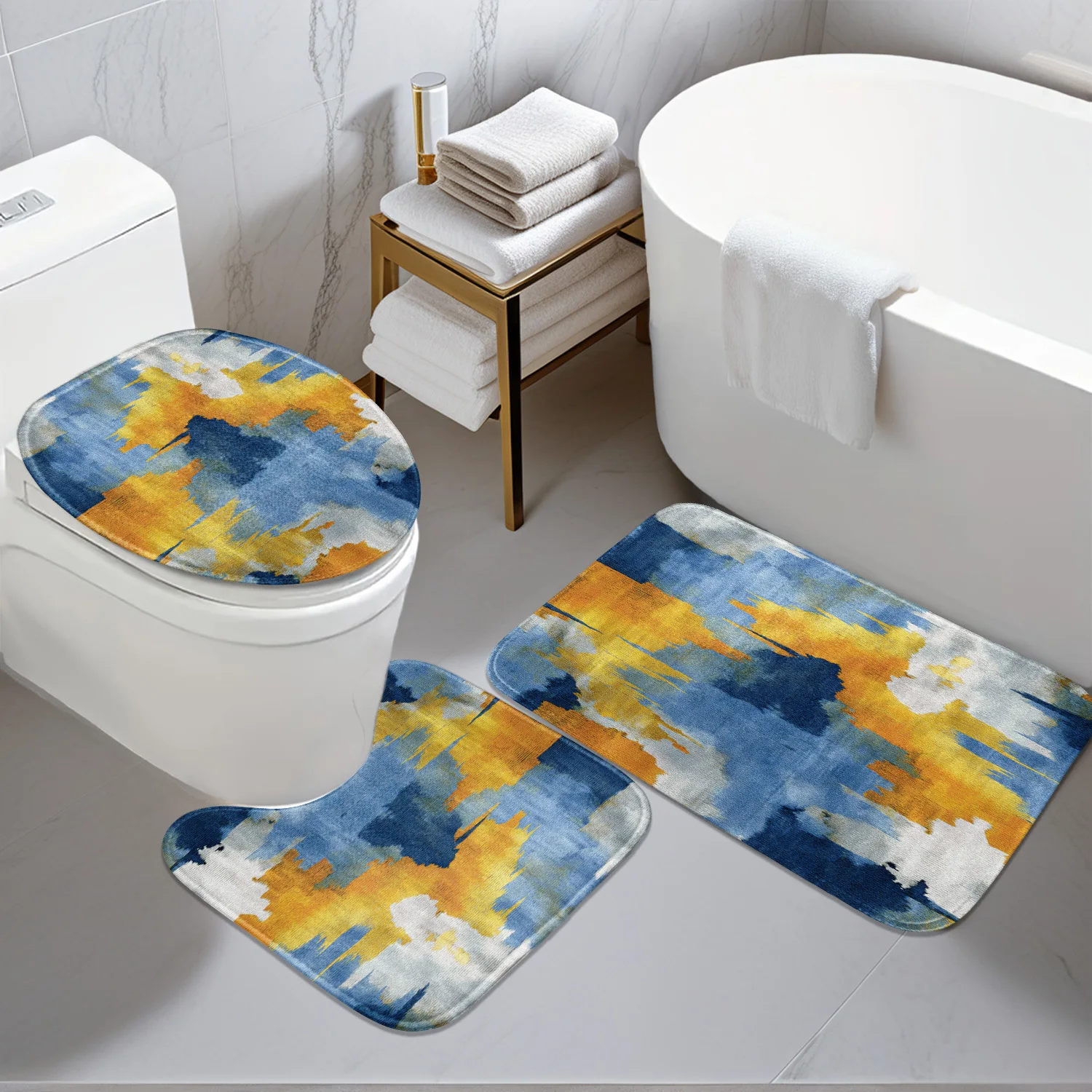 

Bathroom Anti-Slip Mat Set - 3pcs, Blue & Yellow Abstract Watercolor Style 2D Design with Digital Print - Includes Non-Slip Pad,