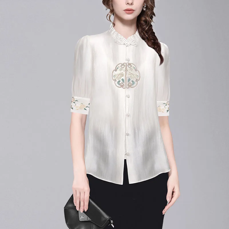 Vintage Embroidered Womens White Ruffled Shirt Long/Short Sleeve Loose-fitting Female Spring Summer Tops Work Casual Blouses