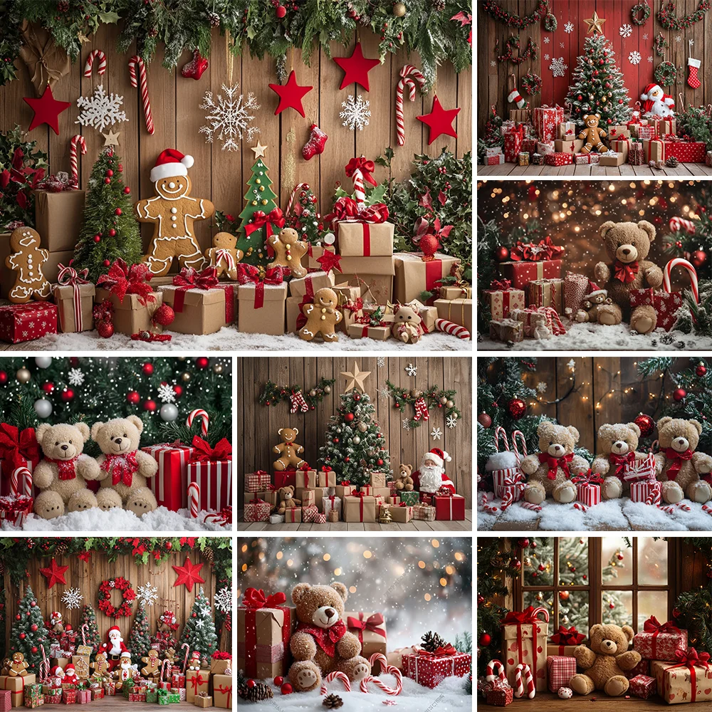 

Christmas Gift bear Room Background for Winter Kid Photography Xmas Tree Gingerbread Man Snowy Backdrop Decor Photo Studio