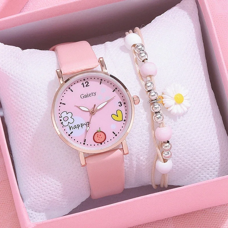 Reloj de pulsera con patrón de dibujos animados para niños, conjunto de reloj de cuarzo para niñas, relojes para estudiantes, moda femenina, Rosa